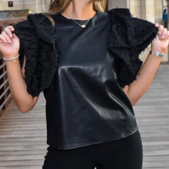 NWT THML leather shirt size medium flutter sleeves - Picture 2 of 4